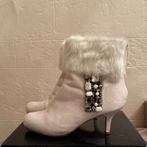 Joan Boyce Ivory faux fur jeweled boots